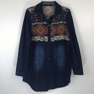 Southwestern Bib Panel Denim Top Longsleeves 1X